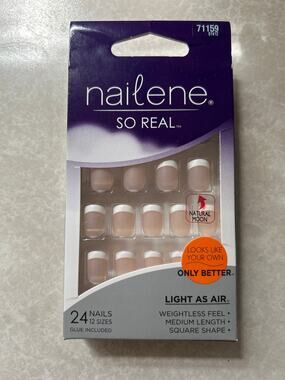 New Nailene 24pc Press-On French Manicure Square Nails Medium 12 sizes with Glue